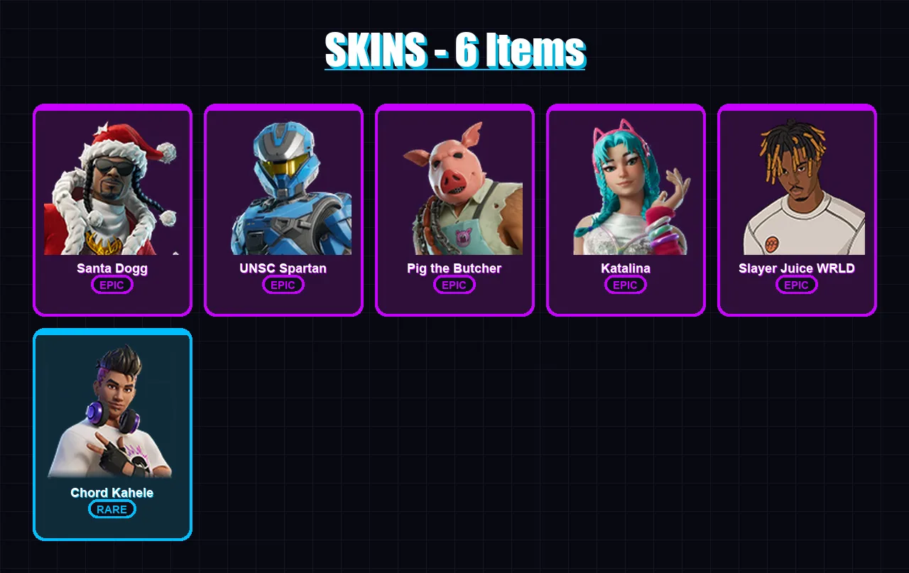[PC/XBOX/PSN] | Santa Dogg | UNSC Spartan | Pig the Butcher | Katalina | Slayer Juice WRLD | 6 skin | 32 pickaxe | 15 emote | 28 glider | Lv336