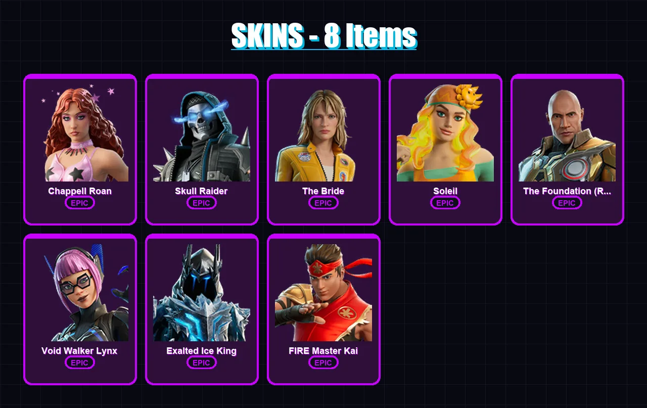 [PC/PSN] | Chappell Roan | Skull Raider | The Bride | Soleil | The Foundation (Reforged) | 8 skin | 4 pickaxe | 2 emote | 2 glider | Lv3