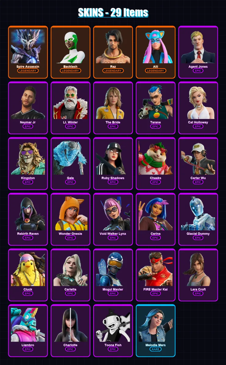 [PC/XBOX/PSN] | Spire Assassin | Backlash | Raz | Alli | Agent Jones | 29 skin | 48 pickaxe | 30 emote | 37 glider | Lv352