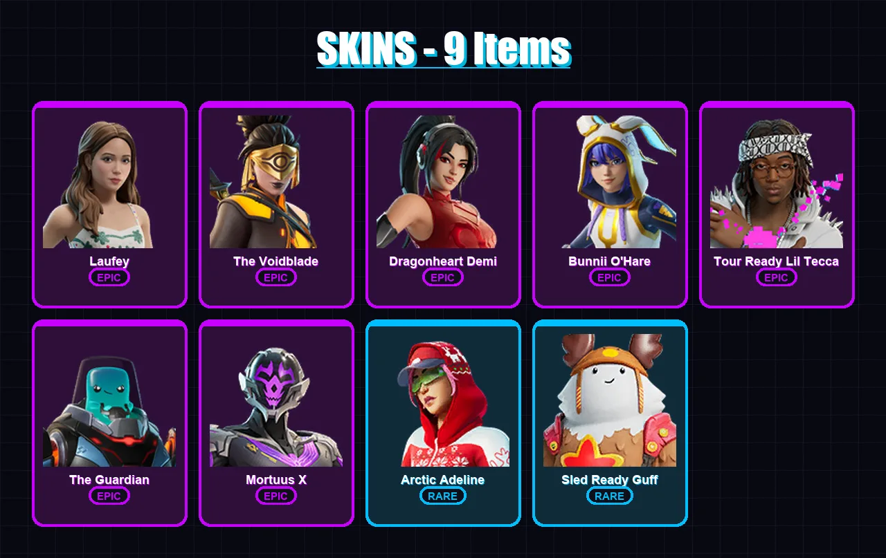 [PC/PSN] | Laufey | The Voidblade | Dragonheart Demi | Bunnii O'Hare | Tour Ready Lil Tecca | 9 skin | 7 pickaxe | 4 emote | 6 glider | Lv39