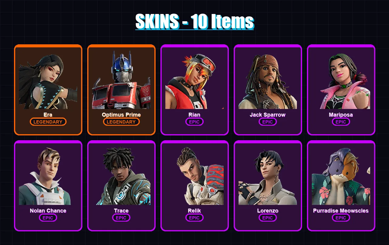 [PC/PSN] | Era | Optimus Prime | Rian | Jack Sparrow | Mariposa | 10 skin | 17 pickaxe | 13 emote | 18 glider | Lv229