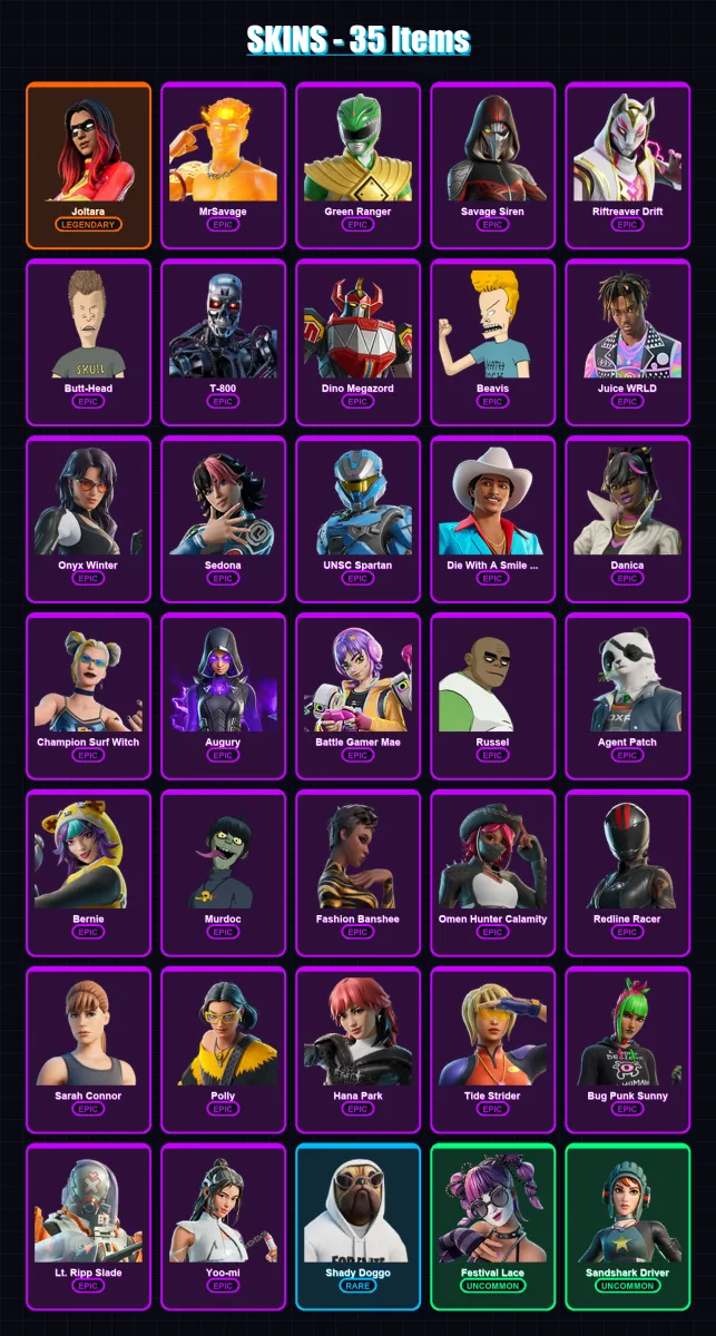 [PC/XBOX/PSN] | Joltara | MrSavage | Green Ranger | Savage Siren | Riftreaver Drift | 35 skin | 35 pickaxe | 28 emote | 12 glider | Lv94