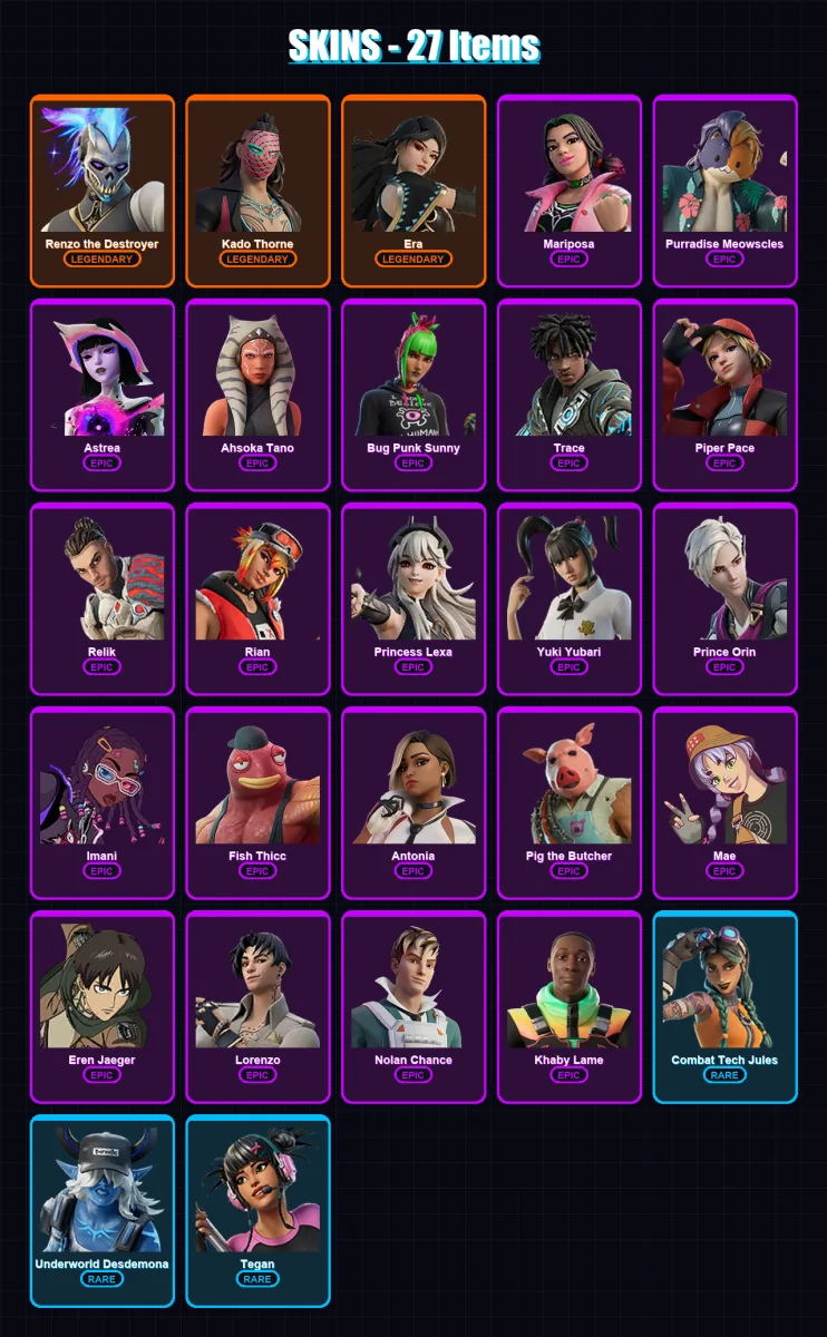 [PC] | Renzo the Destroyer | Kado Thorne | Era | Mariposa | Purradise Meowscles | 27 skin | 46 pickaxe | 25 emote | 40 glider | Lv384