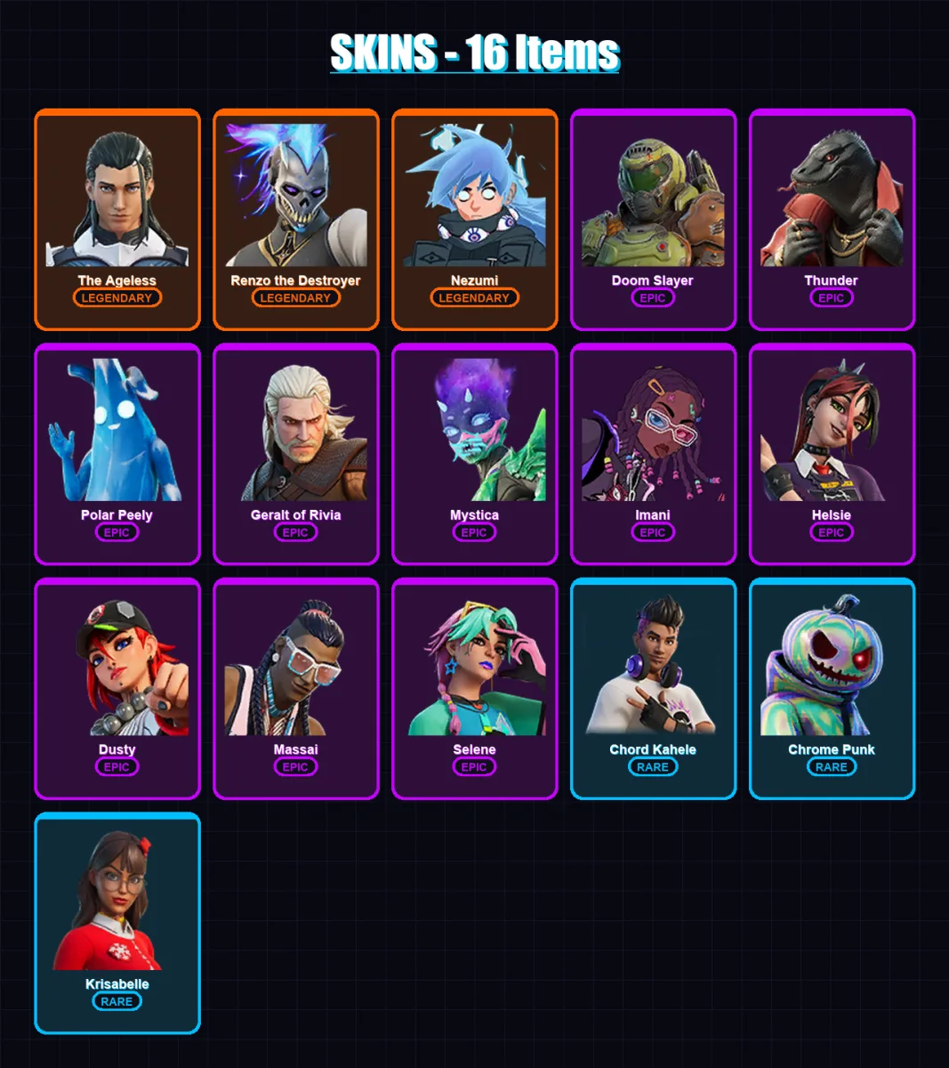 [PC/XBOX] | The Ageless | Renzo the Destroyer | Nezumi | Doom Slayer | Thunder | 16 skin | 28 pickaxe | 28 emote | 37 glider | Lv507