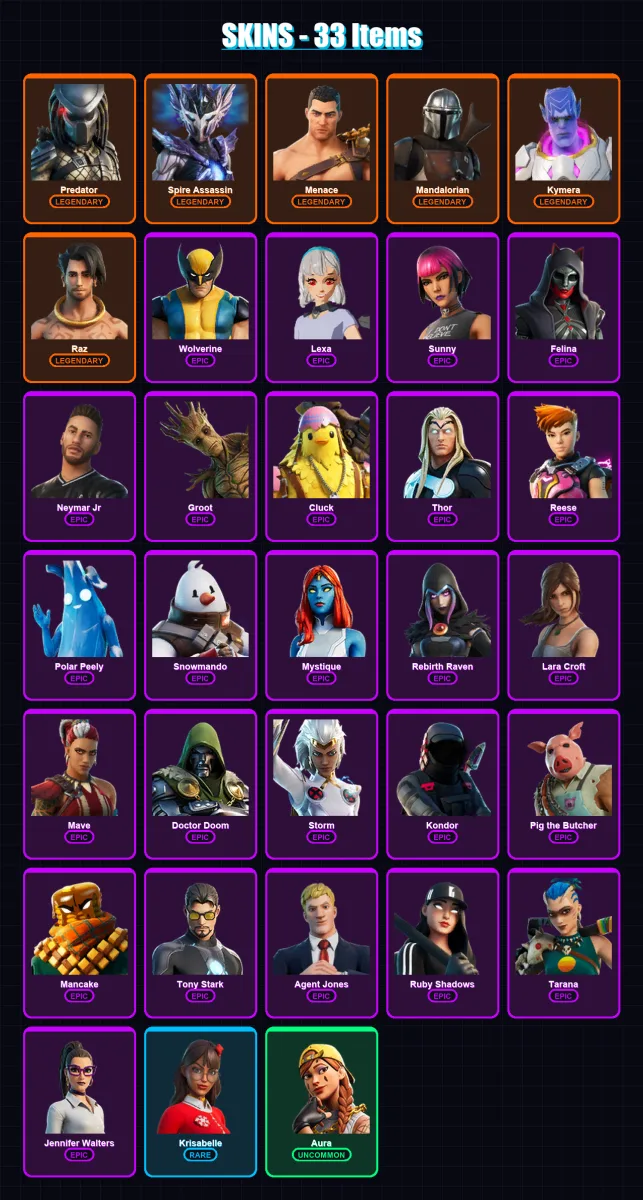 [PS4/PS5/XBOX/PC] | Predator | Spire Assassin | Menace | Mandalorian | Kymera | 33 skin | 56 pickaxe | 34 emote | 41 glider | Lv794
