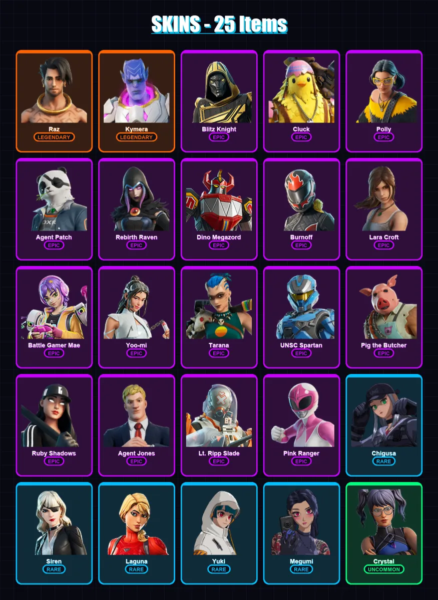 [PC/XBOX/PSN] | Raz | Kymera | Blitz Knight | Cluck | Polly | 25 skin | 46 pickaxe | 37 emote | 33 glider | Lv390