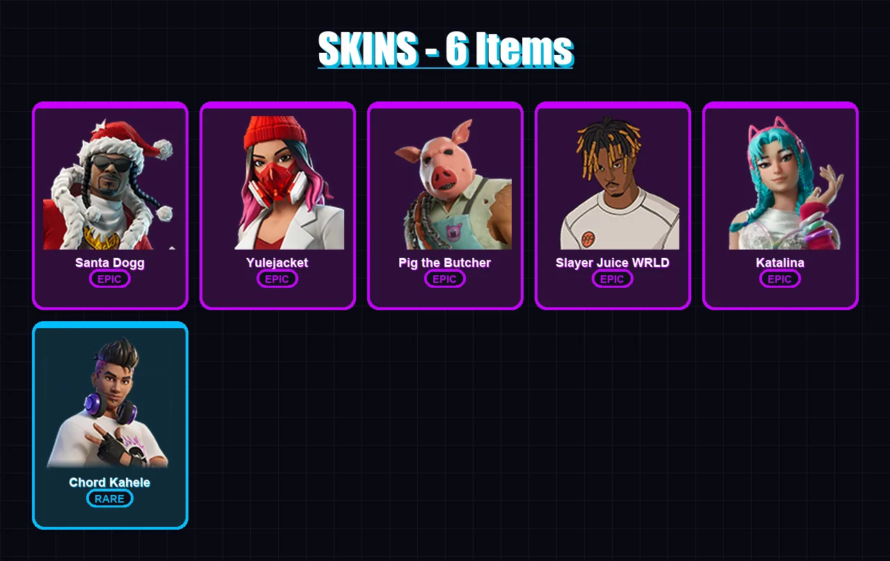 [PC/PSN] | Santa Dogg | Yulejacket | Pig the Butcher | Slayer Juice WRLD | Katalina | 6 skin | 19 pickaxe | 7 emote | 9 glider | Lv87
