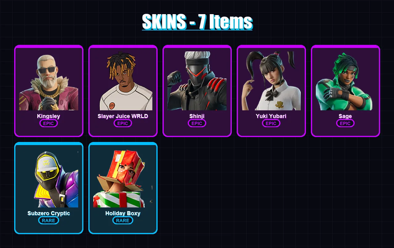 [PS4/PS5/XBOX/PC] | Kingsley | Slayer Juice WRLD | Shinji | Yuki Yubari | Sage | 7 skin | 20 pickaxe | 13 emote | 14 glider | Lv124
