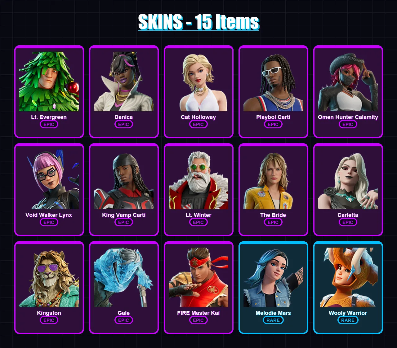 [PC/XBOX/PSN] | Lt. Evergreen | Danica | Cat Holloway | Playboi Carti | Omen Hunter Calamity | 15 skin | 22 pickaxe | 15 emote | 14 glider | Lv77