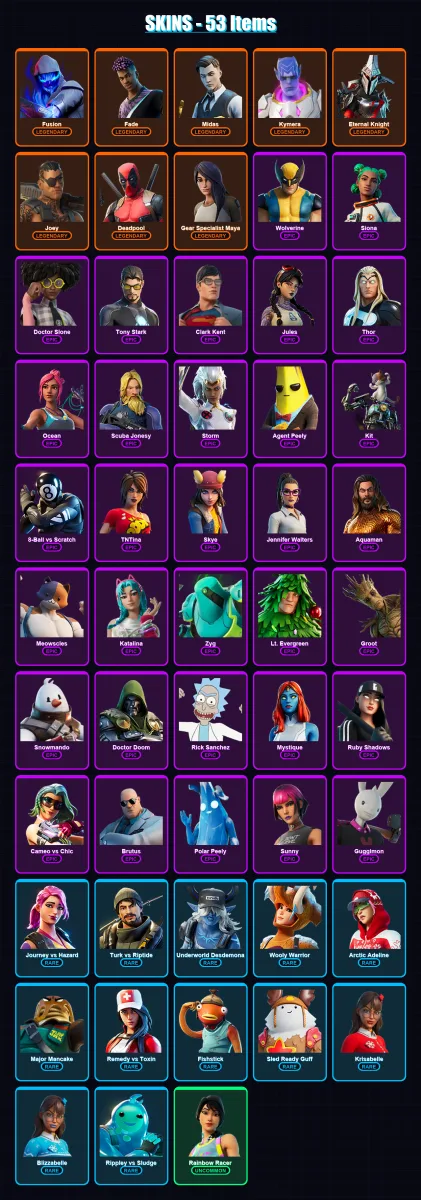 [PC/XBOX/PSN] | Fusion | Fade | Midas | Kymera | Eternal Knight | 53 skin | 90 pickaxe | 75 emote | 79 glider | Lv1989