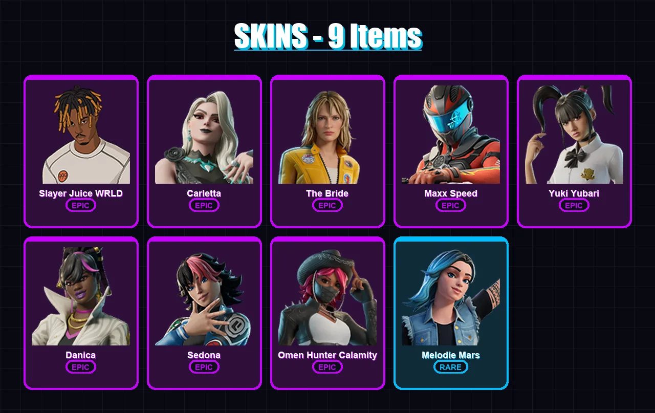 [PC/XBOX/PSN] | Slayer Juice WRLD | Carletta | The Bride | Maxx Speed | Yuki Yubari | 9 skin | 11 pickaxe | 5 emote | 3 glider | Lv27