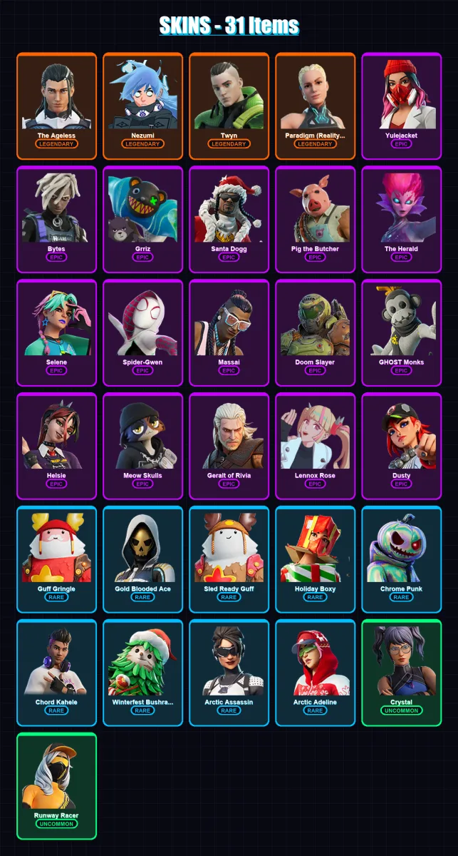 [PS4/PS5/XBOX/PC] | The Ageless | Nezumi | Twyn | Paradigm (Reality-659) | Yulejacket | 31 skin | 47 pickaxe | 28 emote | 45 glider | Lv760