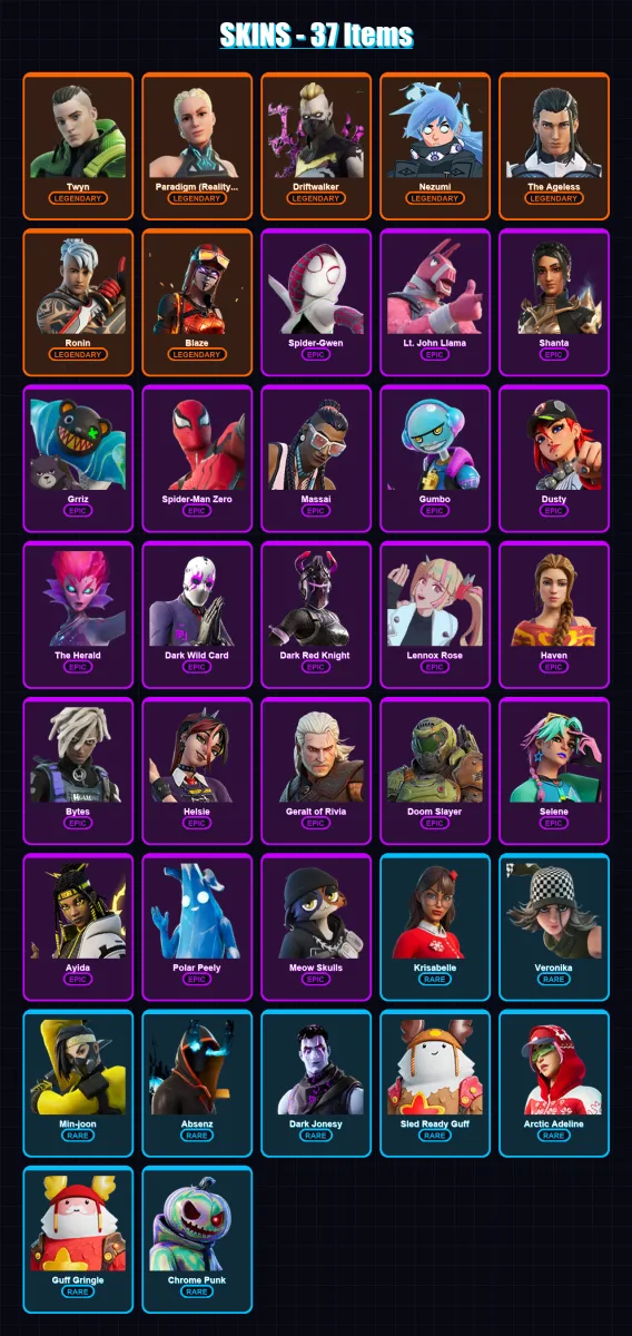 [PC/XBOX/PSN] | Twyn | Paradigm (Reality-659) | Driftwalker | Nezumi | The Ageless | 37 skin | 42 pickaxe | 31 emote | 33 glider | Lv609