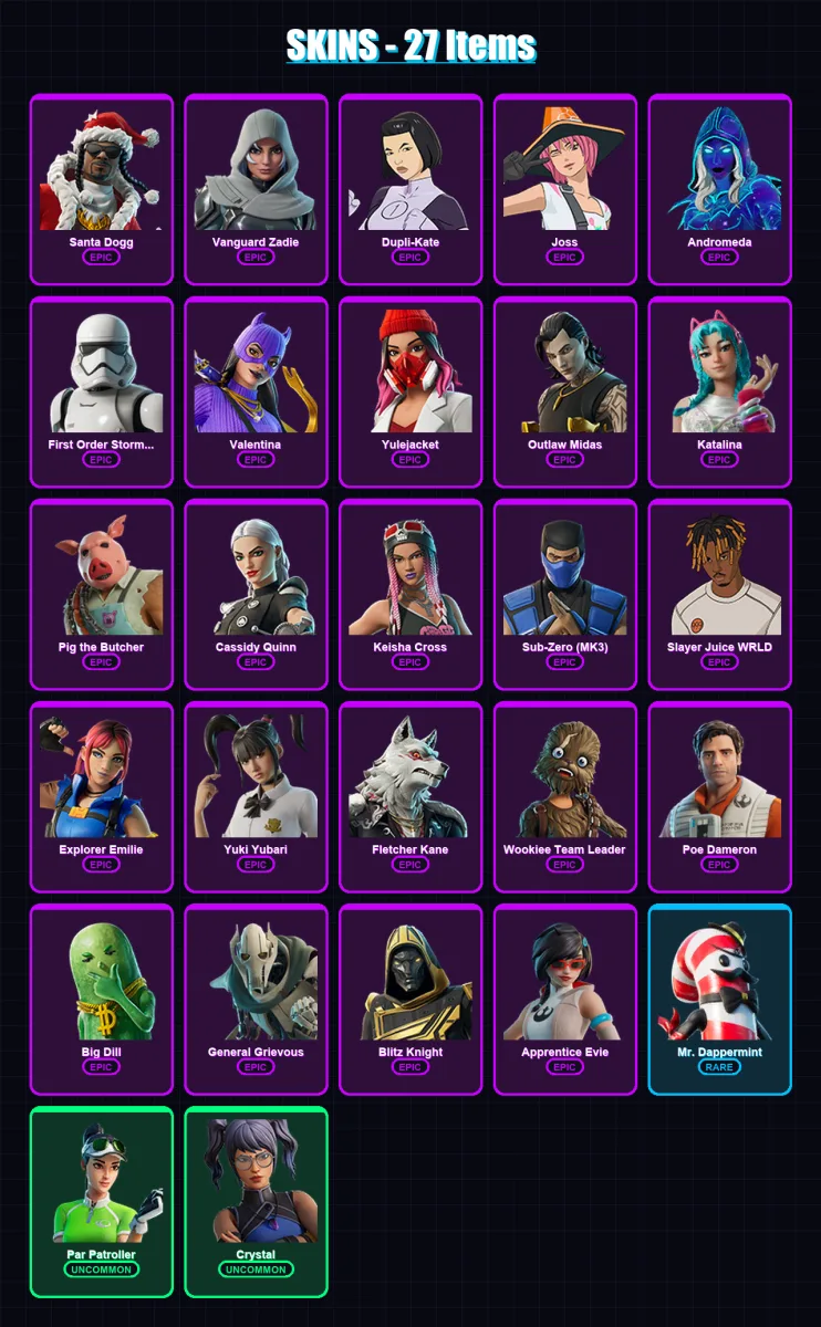 [PC/XBOX/PSN] | Santa Dogg | Vanguard Zadie | Dupli-Kate | Joss | Andromeda | 27 skin | 74 pickaxe | 32 emote | 49 glider | Lv566