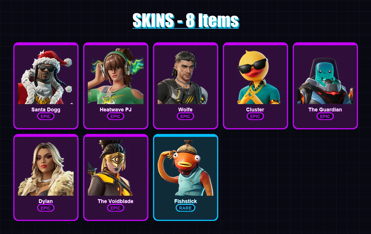 [PC/XBOX/PSN] | Santa Dogg | Heatwave PJ | Wolfe | Cluster | The Guardian | 8 skin | 27 pickaxe | 14 emote | 29 glider | Lv240