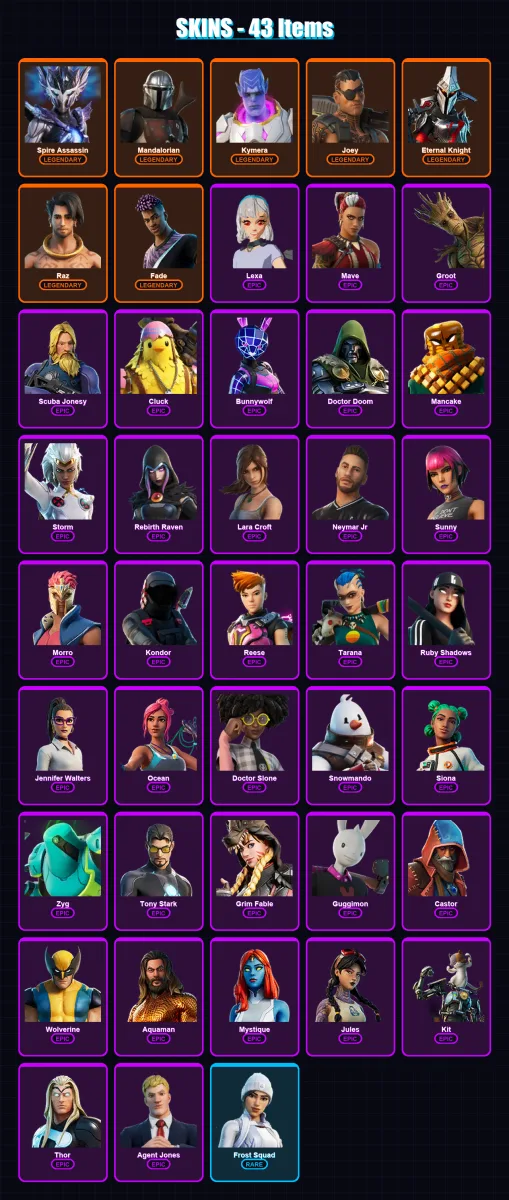 [PC/XBOX/PSN] | Spire Assassin | Mandalorian | Kymera | Joey | Eternal Knight | 43 skin | 44 pickaxe | 31 emote | 44 glider | Lv706