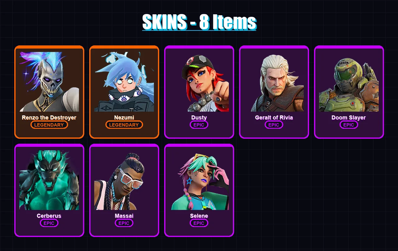 [PC/XBOX/PSN] | Renzo the Destroyer | Nezumi | Dusty | Geralt of Rivia | Doom Slayer | 8 skin | 16 pickaxe | 9 emote | 17 glider | Lv158