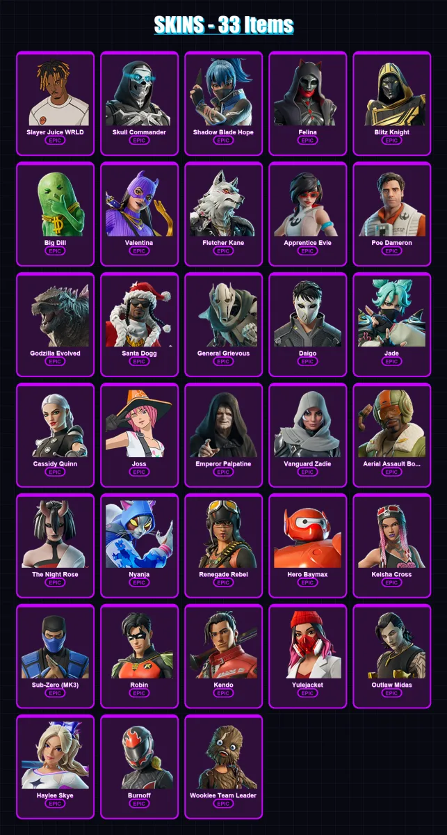 [PC/XBOX/PSN] | Slayer Juice WRLD | Skull Commander | Shadow Blade Hope | Felina | Blitz Knight | 33 skin | 57 pickaxe | 38 emote | 39 glider | Lv44 — Fortnite account