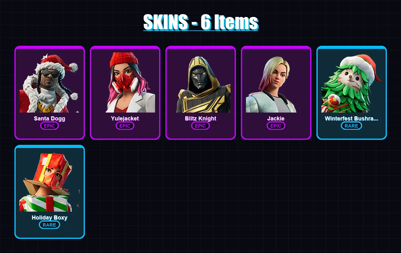[PS4/PS5/XBOX/PC] | Santa Dogg | Yulejacket | Blitz Knight | Jackie | Winterfest Bushranger | 6 skin | 37 pickaxe | 13 emote | 32 glider | Lv379