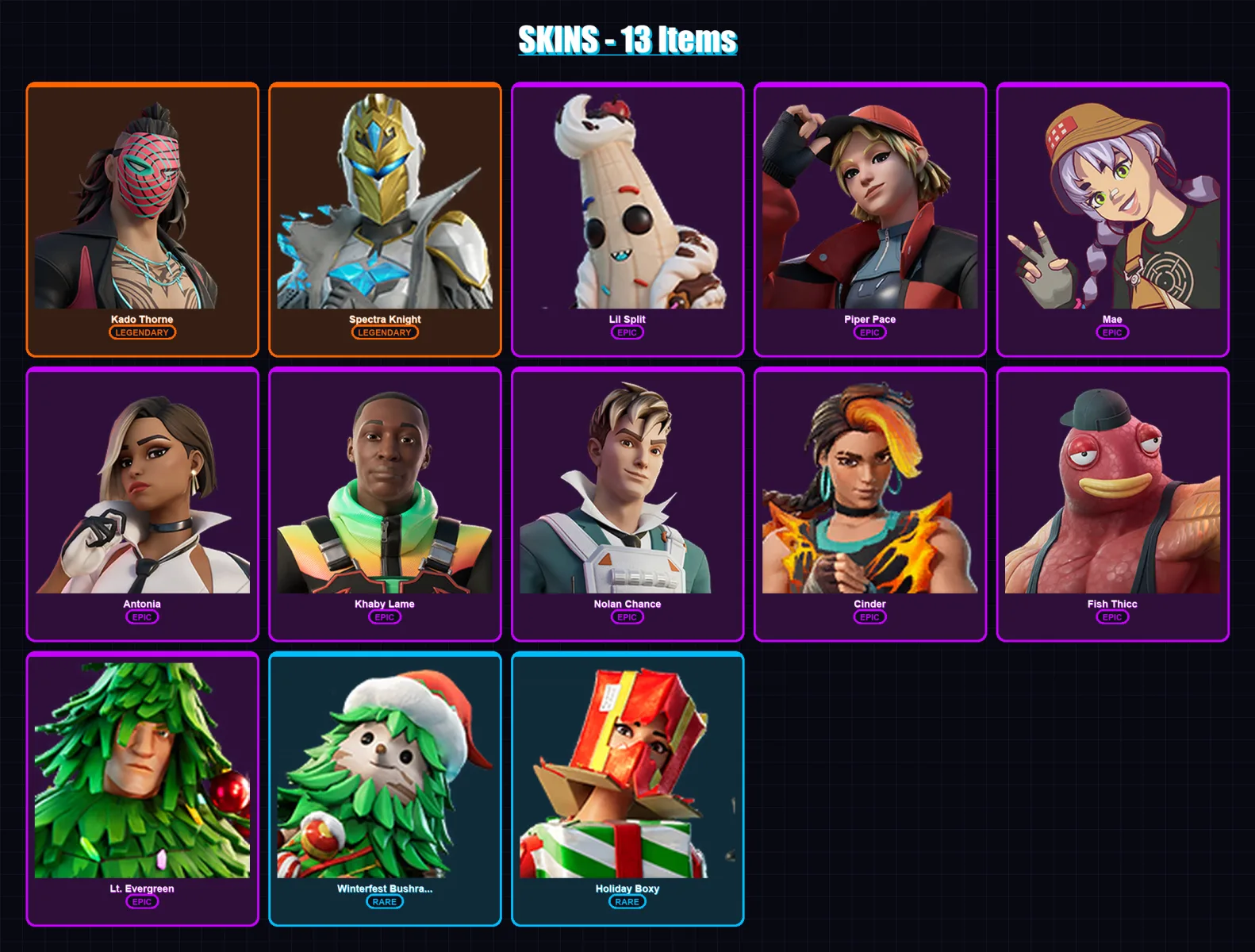 [PC/XBOX] | Kado Thorne | Spectra Knight | Lil Split | Piper Pace | Mae | 13 skin | 28 pickaxe | 25 emote | 35 glider | Lv454