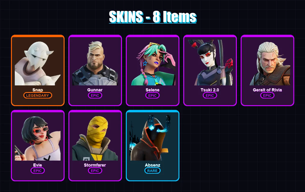 [PC/XBOX] | Snap | Gunnar | Selene | Tsuki 2.0 | Geralt of Rivia | 8 skin | 21 pickaxe | 13 emote | 23 glider | Lv349