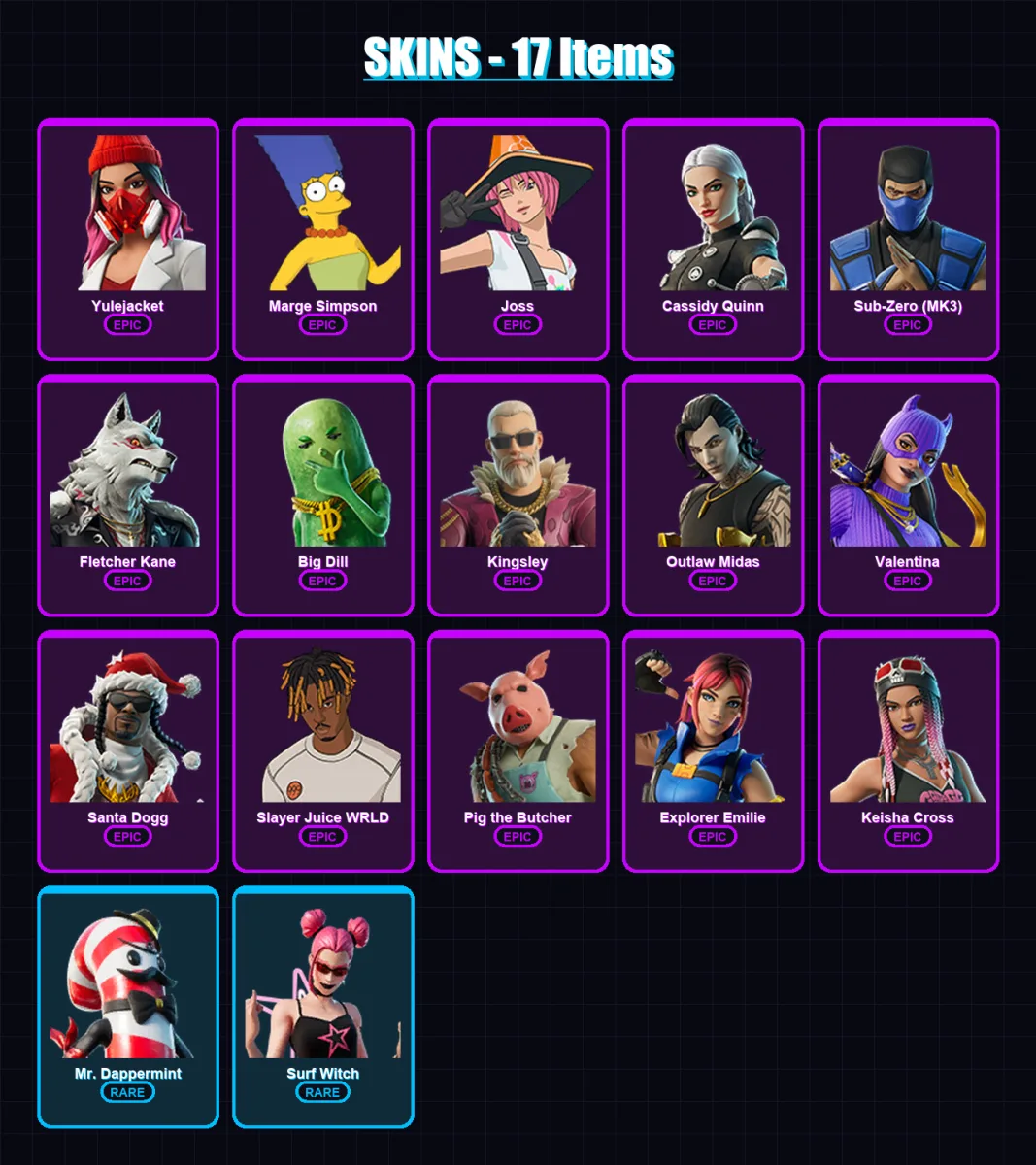 [PS4/PS5/XBOX/PC] | Yulejacket | Marge Simpson | Joss | Cassidy Quinn | Sub-Zero (MK3) | 17 skin | 52 pickaxe | 24 emote | 29 glider | Lv496 — Fortnite account