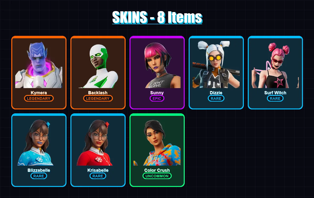[PC/XBOX/PSN] | Kymera | Backlash | Sunny | Dizzie | Surf Witch | 8 skin | 17 pickaxe | 13 emote | 16 glider | Lv207