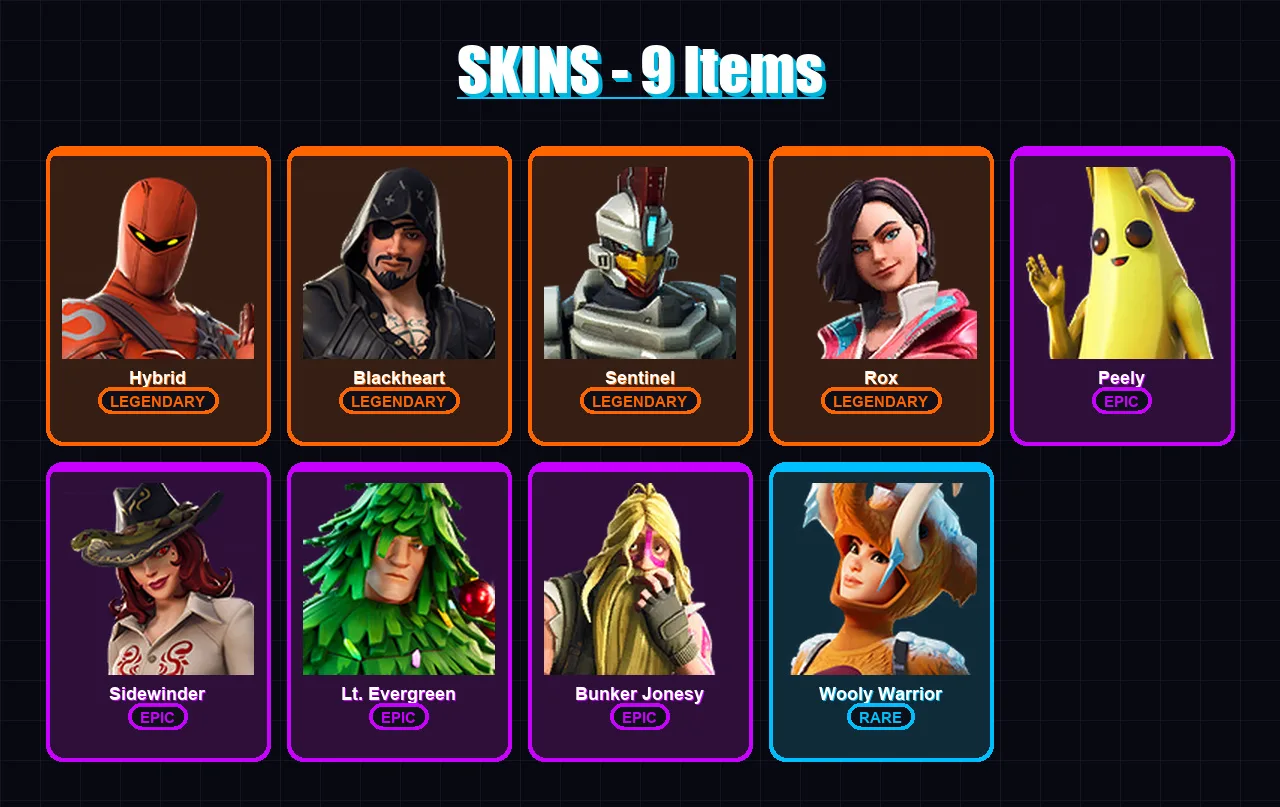 [PC/XBOX/PSN] | Hybrid | Blackheart | Sentinel | Rox | Peely | 9 skin | 11 pickaxe | 16 emote | 13 glider | Lv186