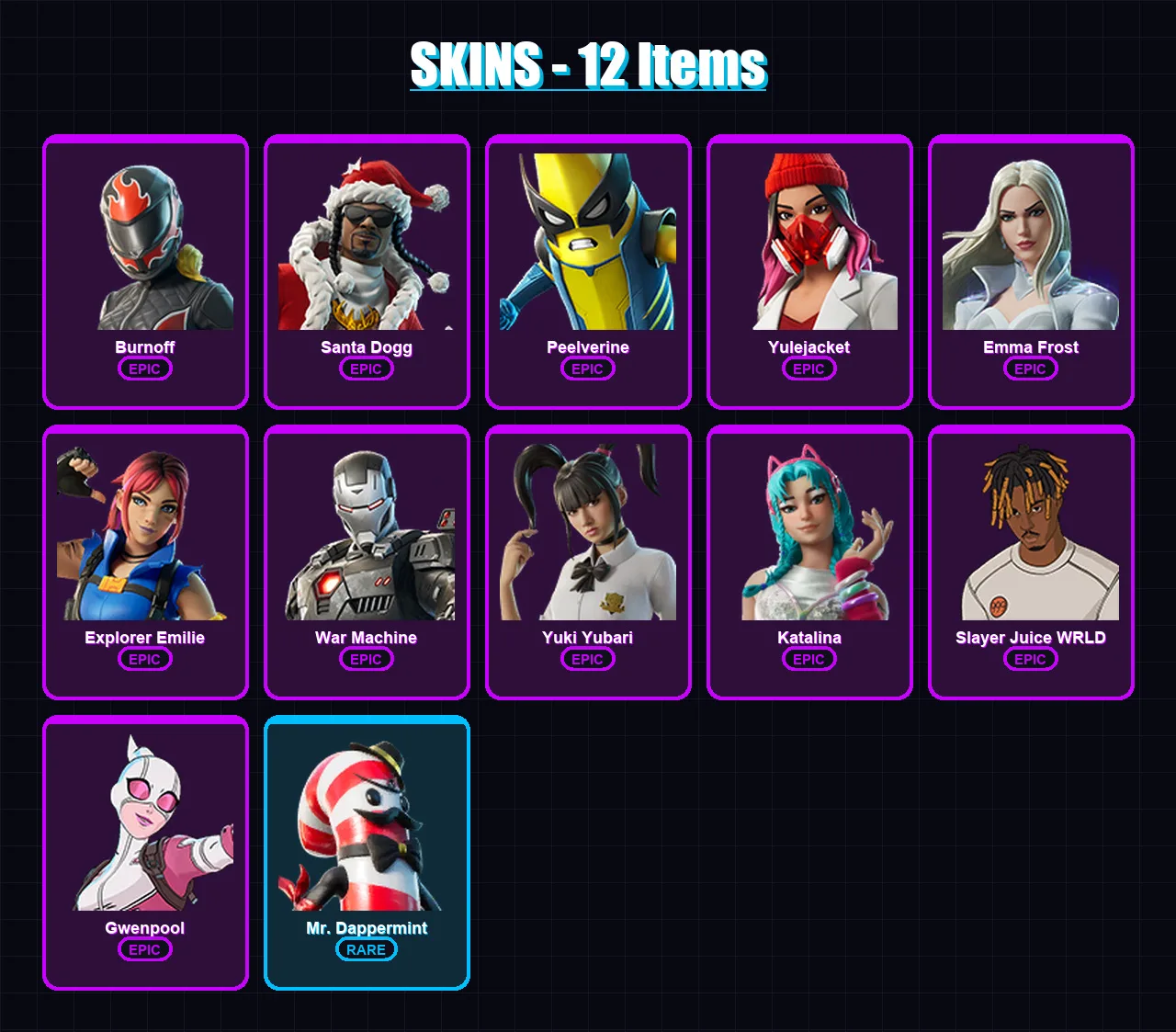 [PC/XBOX] | Burnoff | Santa Dogg | Peelverine | Yulejacket | Emma Frost | 12 skin | 18 pickaxe | 8 emote | 8 glider | Lv64 — Fortnite account
