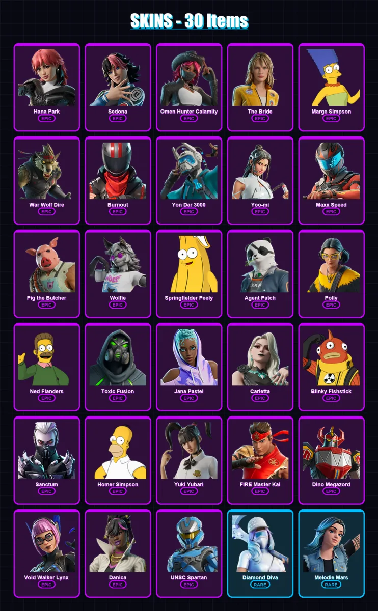 [PC/XBOX/PSN] | Hana Park | Sedona | Omen Hunter Calamity | The Bride | Marge Simpson | 30 skin | 34 pickaxe | 22 emote | 19 glider | Lv161