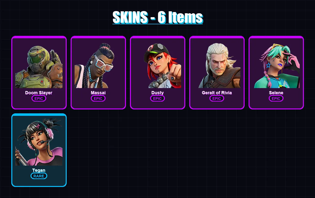 [PC/XBOX/PSN] | Doom Slayer | Massai | Dusty | Geralt of Rivia | Selene | 6 skin | 9 pickaxe | 5 emote | 8 glider | Lv53