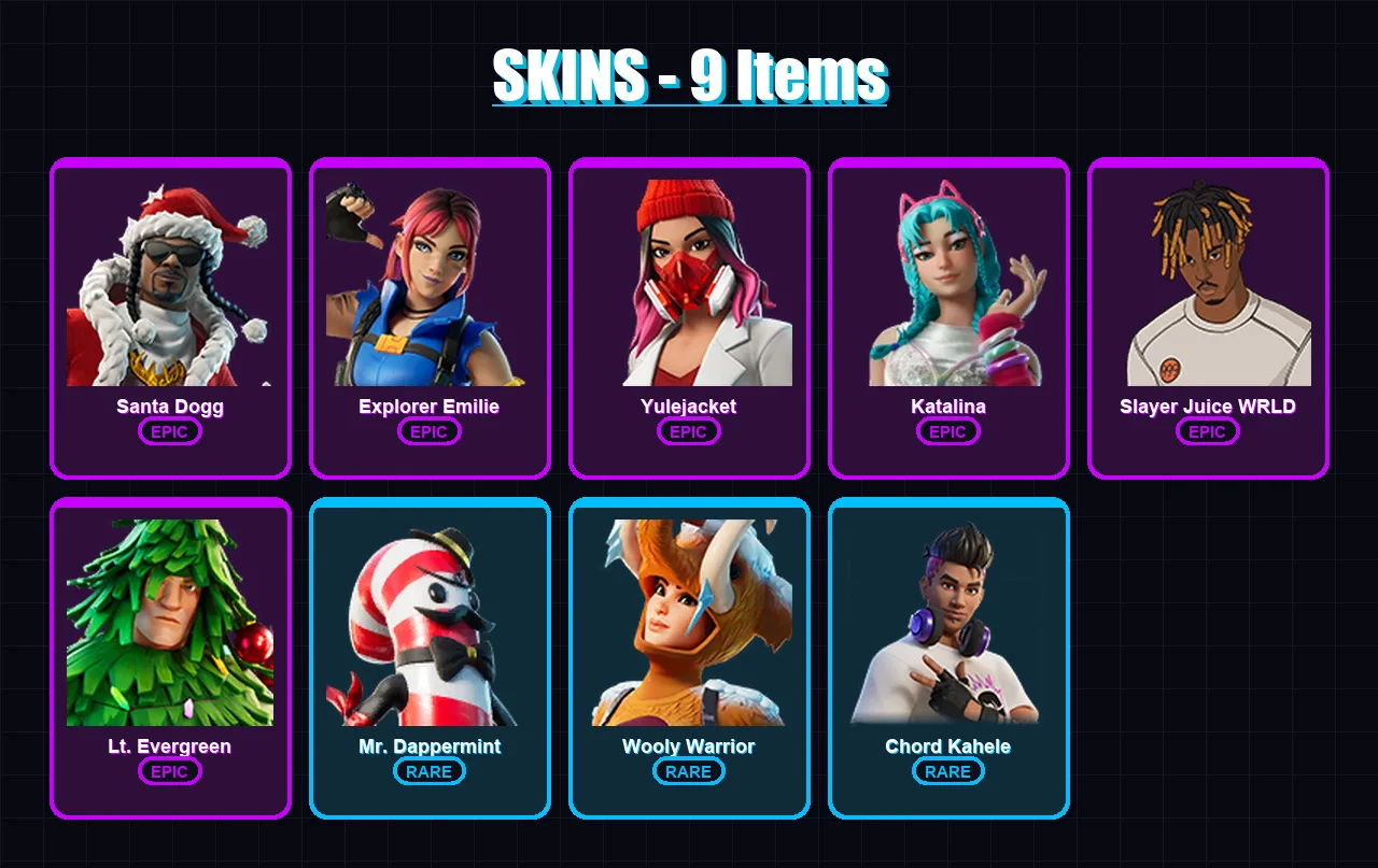 [PC/XBOX/PSN] | Santa Dogg | Explorer Emilie | Yulejacket | Katalina | Slayer Juice WRLD | 9 skin | 26 pickaxe | 17 emote | 23 glider | Lv280