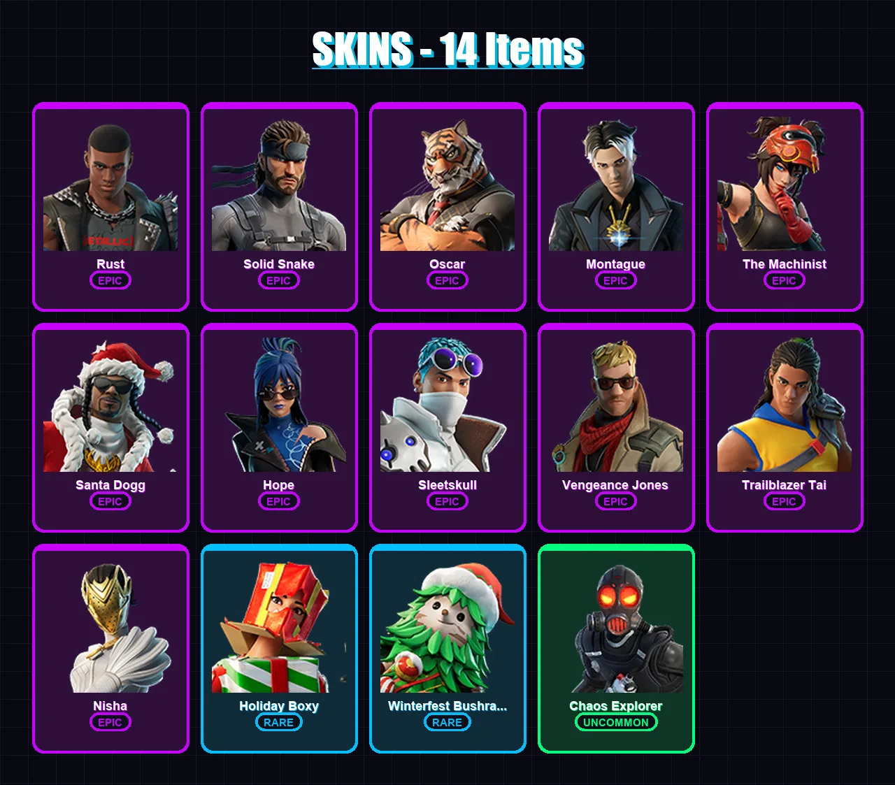 [PC/PSN] | Rust | Solid Snake | Oscar | Montague | The Machinist | 14 skin | 26 pickaxe | 17 emote | 26 glider | Lv191 — Fortnite account