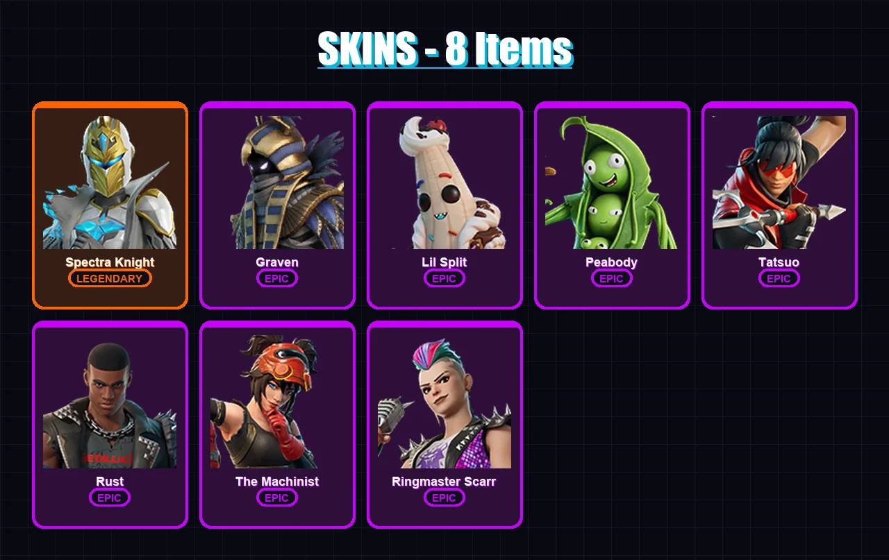 [PS4/PS5/XBOX/PC] | Spectra Knight | Graven | Lil Split | Peabody | Tatsuo | 8 skin | 15 pickaxe | 9 emote | 20 glider | Lv182