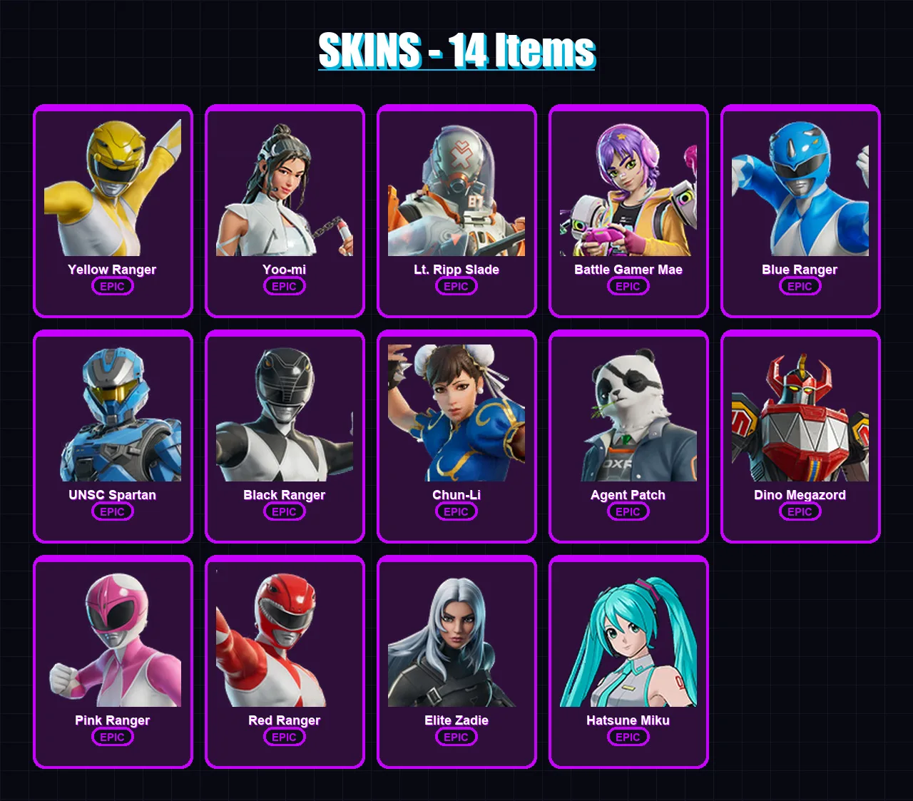 [PC/XBOX/PSN] | Yellow Ranger | Yoo-mi | Lt. Ripp Slade | Battle Gamer Mae | Blue Ranger | 14 skin | 27 pickaxe | 22 emote | 11 glider | Lv87