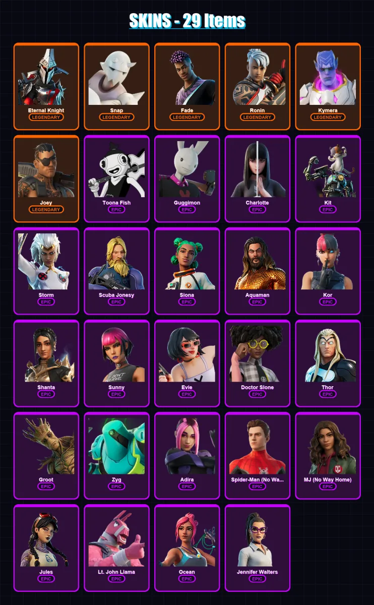[SWITCH/XBOX/PSN/PC] | Eternal Knight | Snap | Fade | Ronin | Kymera | 29 skin | 38 pickaxe | 25 emote | 39 glider | Lv420