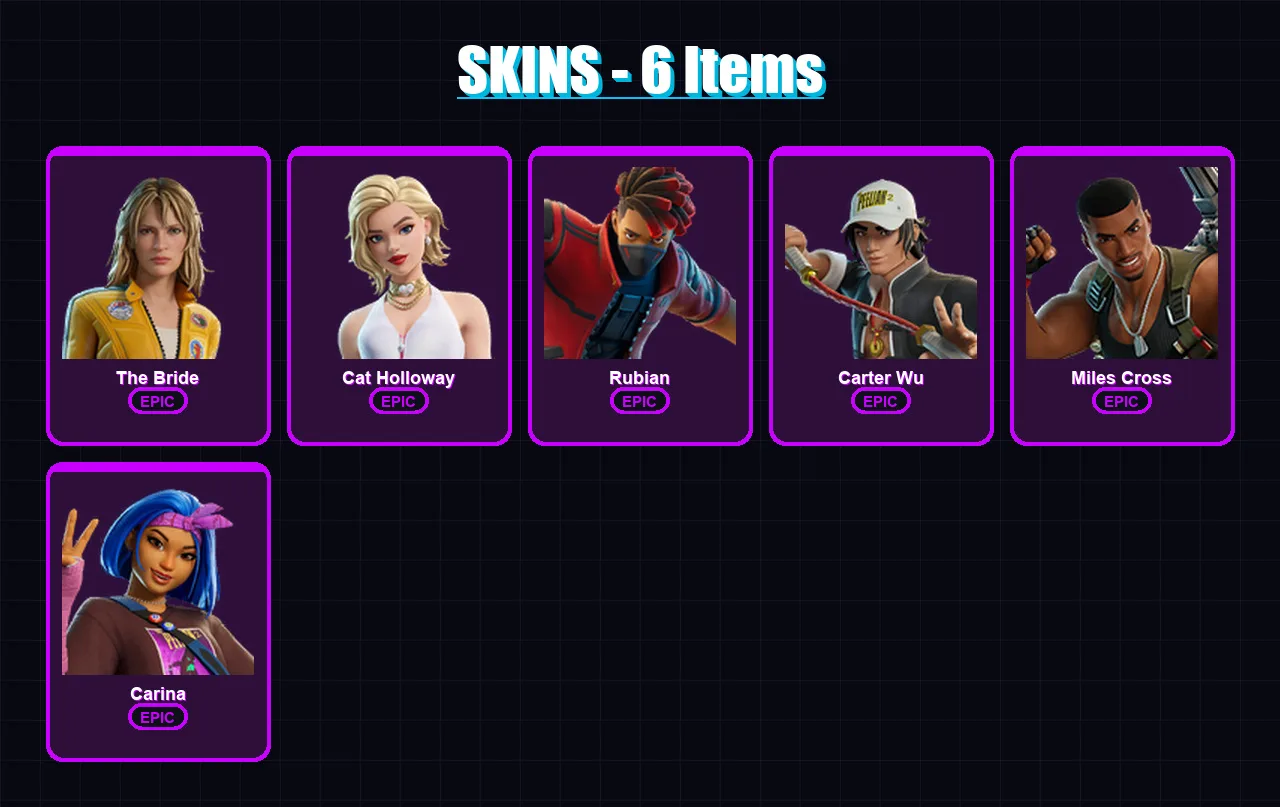 [PS4/PS5/XBOX/PC] | The Bride | Cat Holloway | Rubian | Carter Wu | Miles Cross | 6 skin | 10 pickaxe | 9 emote | 10 glider | Lv69