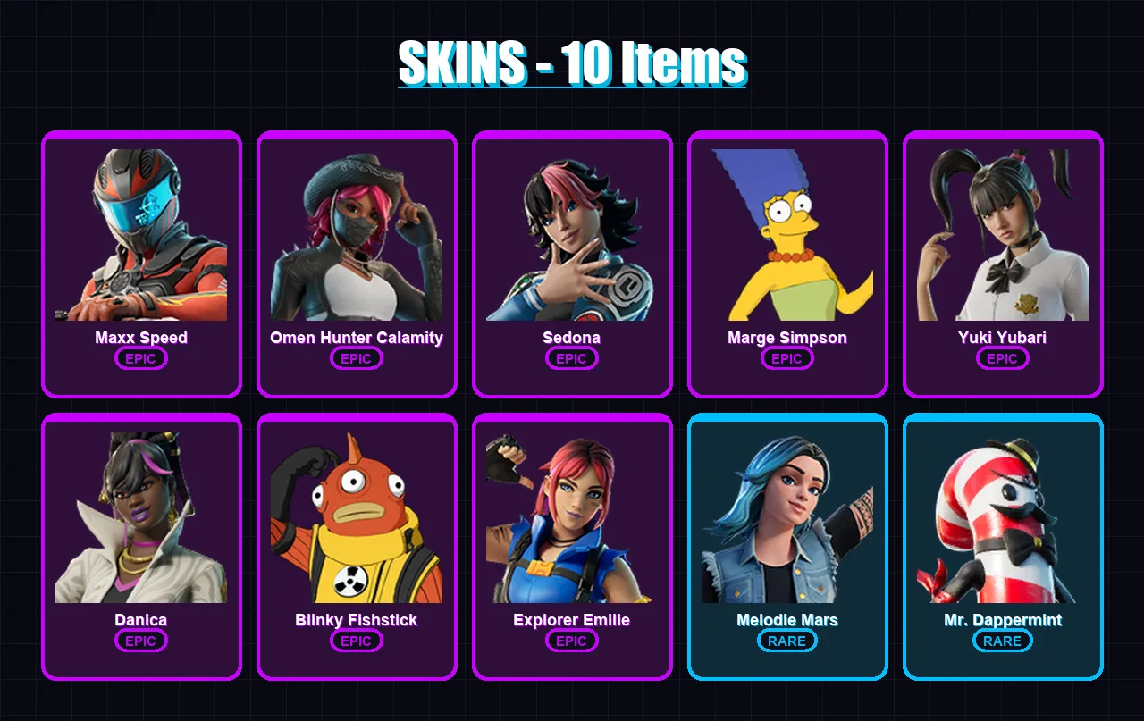 [PC/PSN] | Maxx Speed | Omen Hunter Calamity | Sedona | Marge Simpson | Yuki Yubari | 10 skin | 8 pickaxe | 3 emote | 3 glider | Lv33
