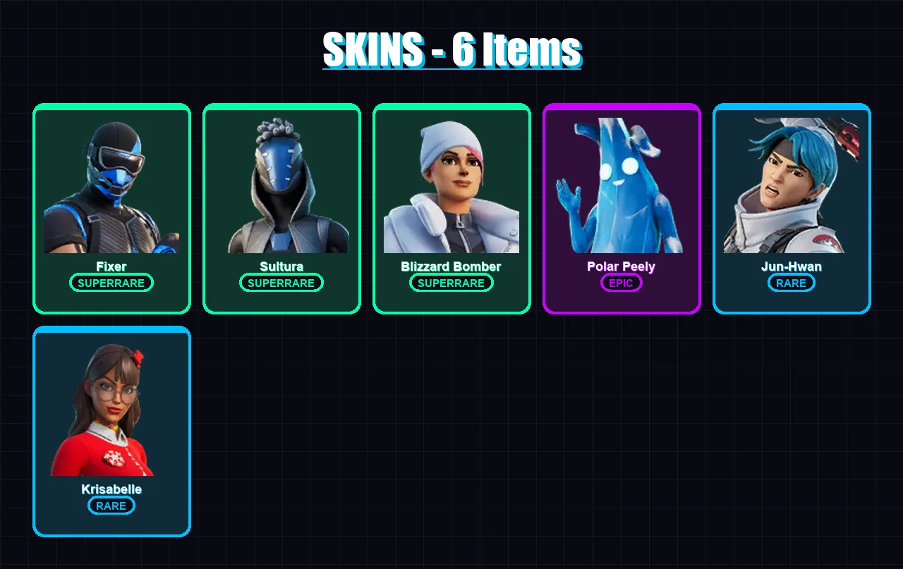 [PS4/PS5/XBOX/PC] | Fixer | Sultura | Blizzard Bomber | Polar Peely | Jun-Hwan | 6 skin | 19 pickaxe | 28 emote | 24 glider | Lv564