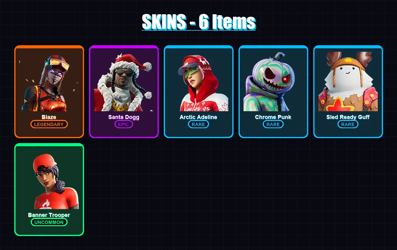 [PS4/PS5/PC] | Blaze | Santa Dogg | Arctic Adeline | Chrome Punk | Sled Ready Guff | 6 skin | 20 pickaxe | 16 emote | 27 glider | Lv301