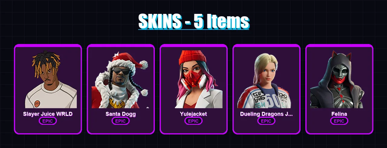 [PC/XBOX/PSN] | Slayer Juice WRLD | Santa Dogg | Yulejacket | Dueling Dragons Jackie | Felina | 5 skin | 30 pickaxe | 10 emote | 19 glider | Lv681