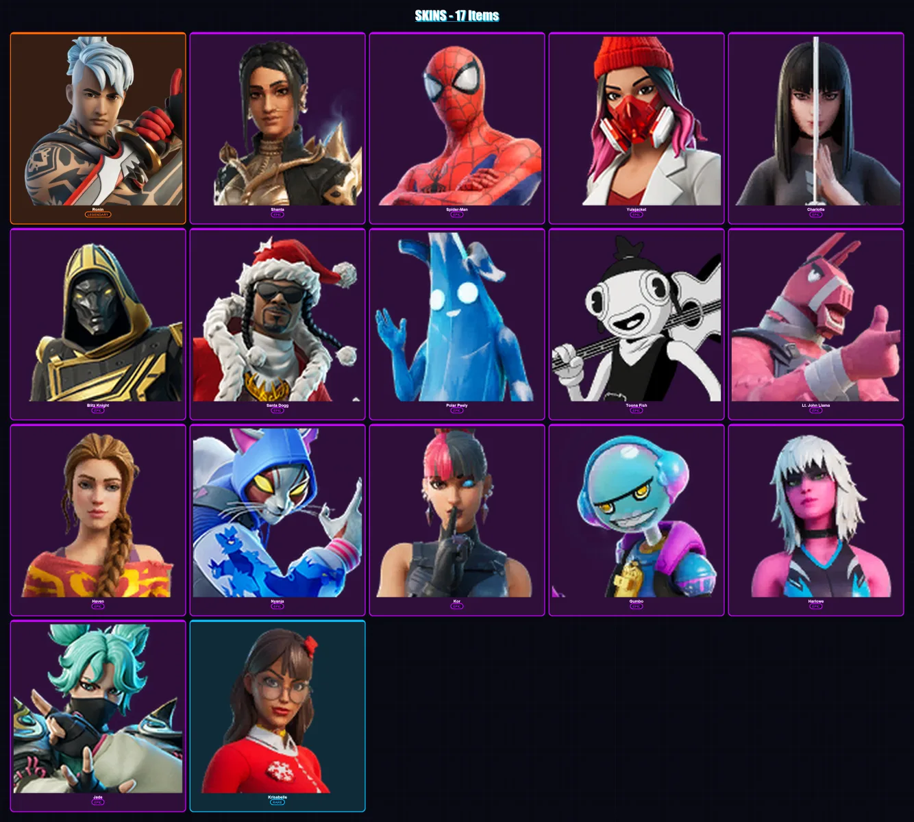 [PS4/PS5/XBOX/PC] | Ronin | Shanta | Spider-Man | Yulejacket | Charlotte | 17 skin | 45 pickaxe | 32 emote | 43 glider | Lv557