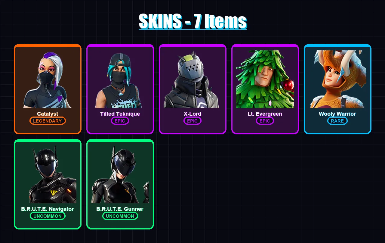 [PS4/PS5/XBOX/PC] | Catalyst | Tilted Teknique | X-Lord | Lt. Evergreen | Wooly Warrior | 7 skin | 7 pickaxe | 8 emote | 6 glider | Lv92