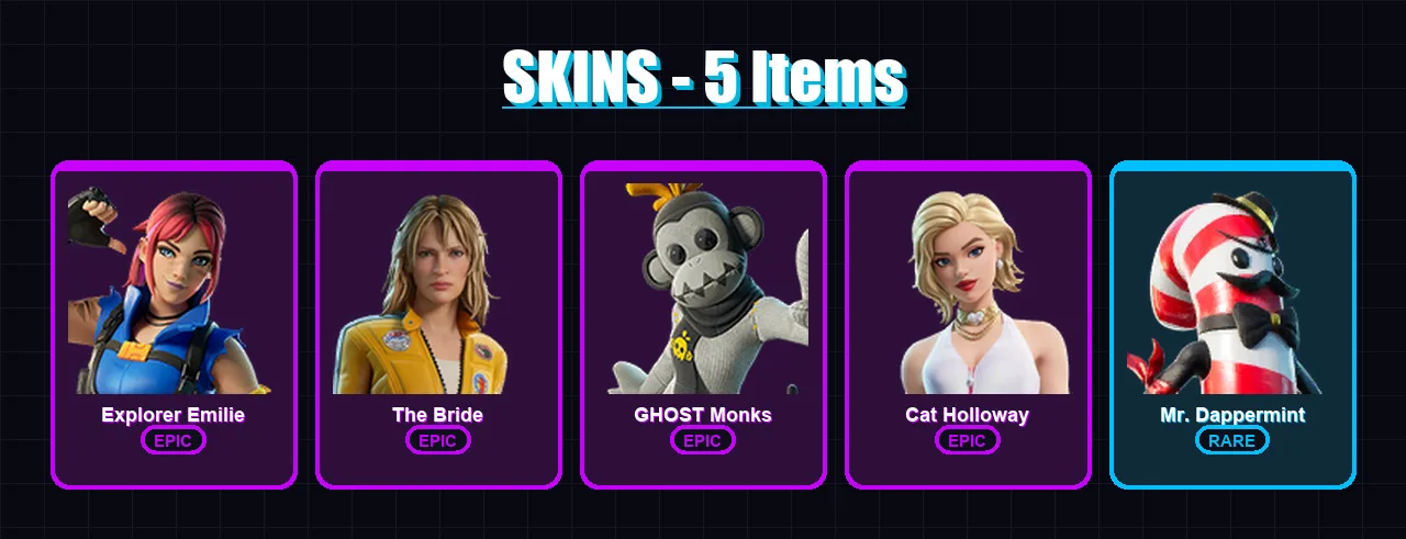 [PC/PSN] | Explorer Emilie | The Bride | GHOST Monks | Cat Holloway | Mr. Dappermint | 5 skin | 6 pickaxe | 7 emote | 6 glider | Lv41