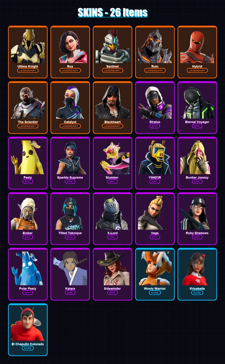[PC/XBOX/PSN] | Ultima Knight | Rox | Sentinel | Ruin | Hybrid | 26 skin | 31 pickaxe | 31 emote | 26 glider | Lv296