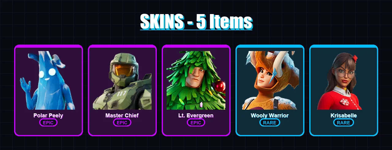 [PC/XBOX/PSN] | Polar Peely | Master Chief | Lt. Evergreen | Wooly Warrior | Krisabelle | 5 skin | 12 pickaxe | 13 emote | 15 glider | Lv242