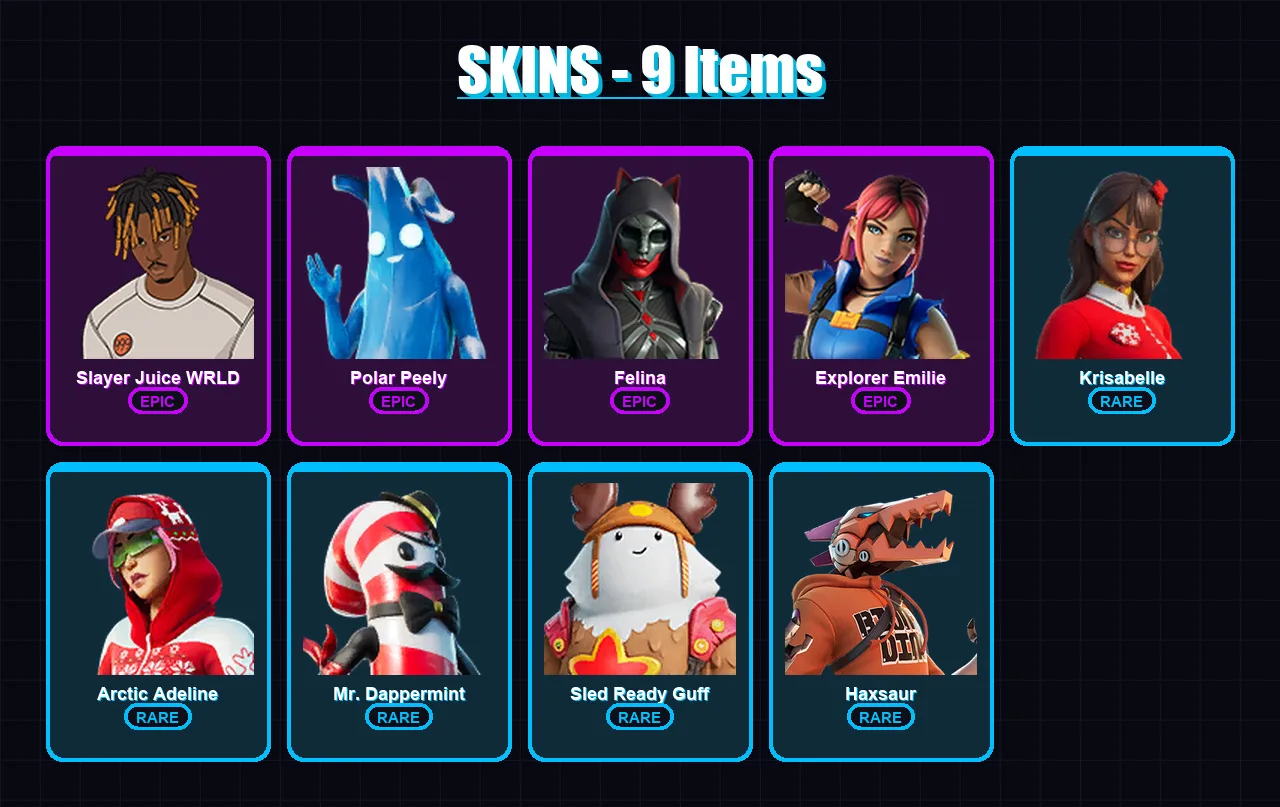 [PC/XBOX/PSN] | Slayer Juice WRLD | Polar Peely | Felina | Explorer Emilie | Krisabelle | 9 skin | 26 pickaxe | 19 emote | 24 glider | Lv356