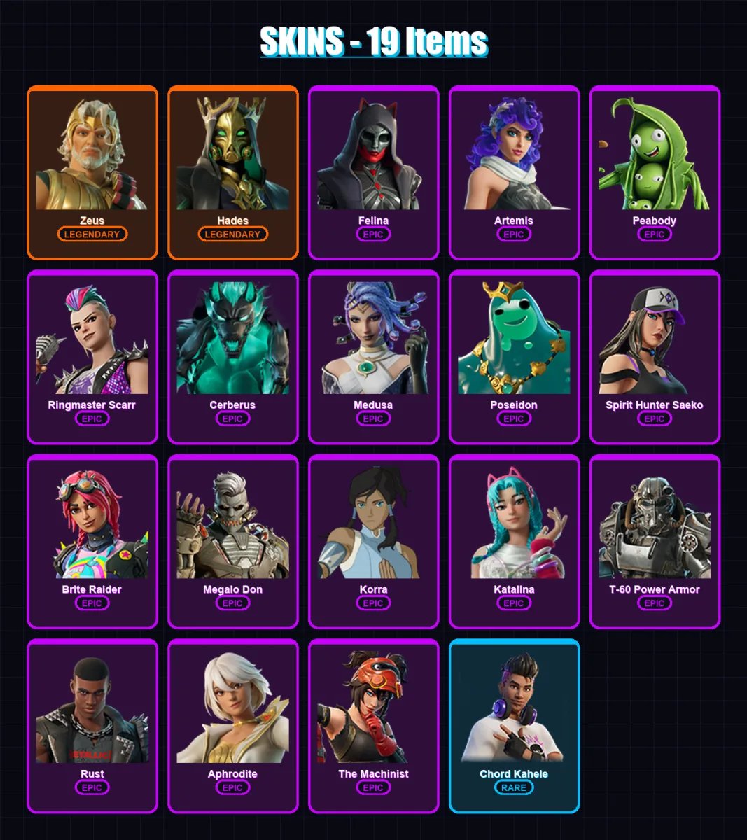 [PC/XBOX] | Zeus | Hades | Felina | Artemis | Peabody | 19 skin | 26 pickaxe | 18 emote | 22 glider | Lv404