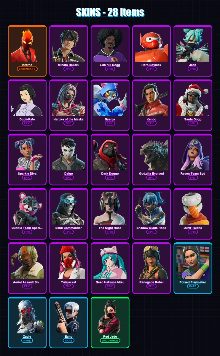 [SWITCH/PSN/PC] | Inferno | Minato Hakaru | LBC '93 Dogg | Hero Baymax | Jade | 28 skin | 38 pickaxe | 29 emote | 23 glider | Lv183