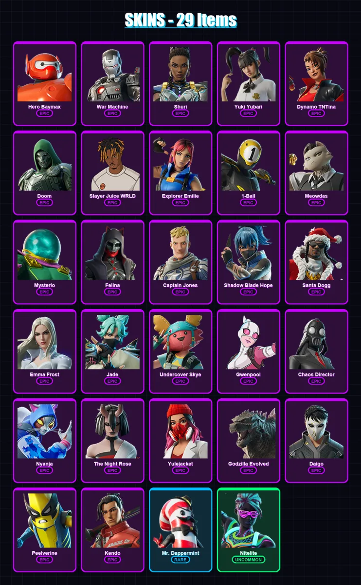 [PC/XBOX/PSN] | Hero Baymax | War Machine | Shuri | Yuki Yubari | Dynamo TNTina | 29 skin | 68 pickaxe | 39 emote | 42 glider | Lv1116